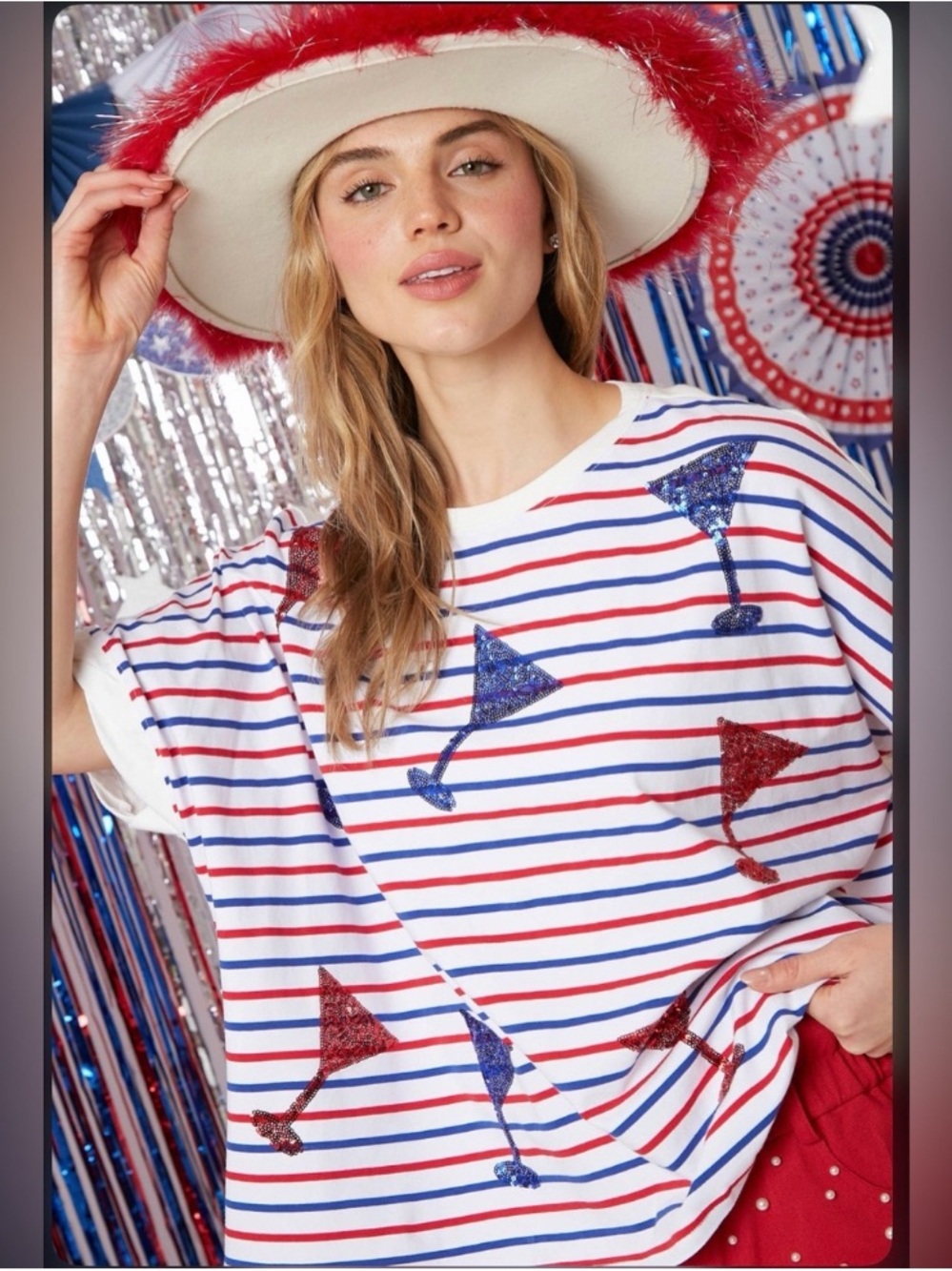 Sequin Martini Striped Tee in Red, White & Blue